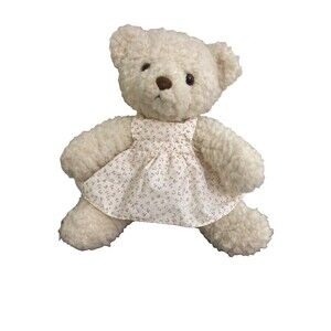 Vintage Walmart Woolly White Teddy Bear Plush with Cottage Farm Core Dress 14"